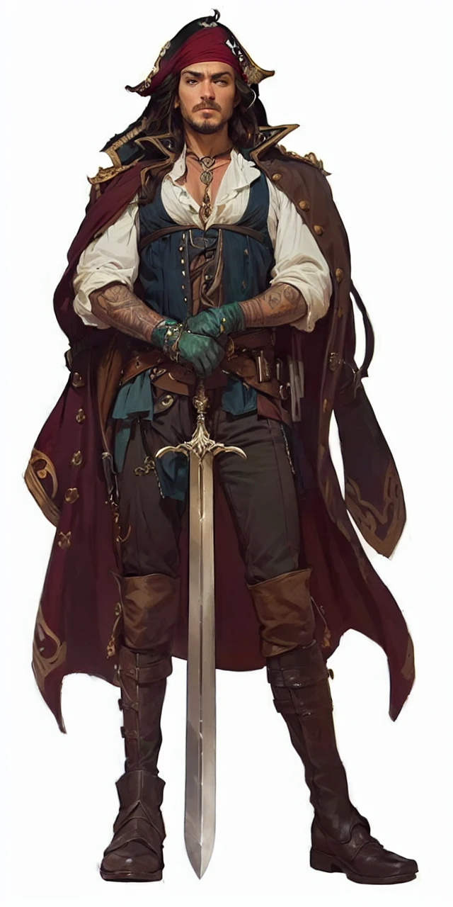 ((King of the pirates))(1boy), dungeons and dragons (pirate)(prt), dashing, handsome, rogue, daring swashbuckler holding a sword, adventures, eyes glowing with greed, (rococo, ornate, [white | golden] loose billowing clothes), dynamic pose, dynamic angle,rugged middle aged 50 year old scoundrel, battle hardened, masculine aura, relaxed design, (standing on the deck of a pirate ship), (rich environment),detailed background, fantasy background, realistic, photorealistic, ultra realistic, 8k, (illustration:1.1), (perfect details:1.1), landscape, background, abstract, hard lighting, rim lighting, (8k) (best quality:1.4), (masterpiece:1.3), ultra-detailed landscape, background,(intricate details, hyperdetailed:1.15) abstract, hard lighting, rim lighting,  (8k) (best quality:1.4), (masterpiece:1.3), ultra-detailed  intricate artwork, sharp, 8k, breathtaking, crystalline, , filigree, hyperrealism, lush detail, poster, perfectionism, sharp focus,  elfo, orelha de elfo 