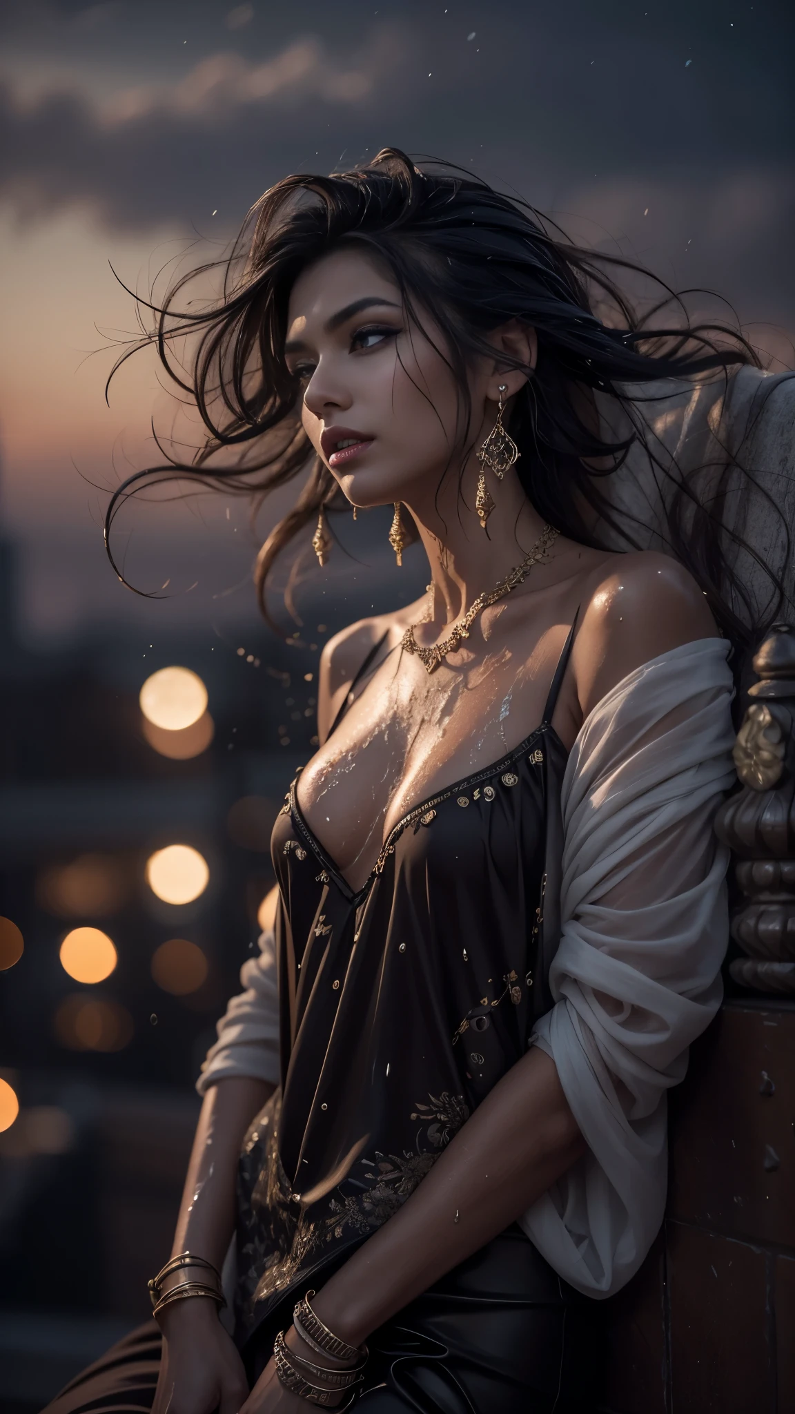 (32k:1.5, Highest quality, masterpiece, Ultra-high resolution), Professional camera work:1.6, Highly detailed skin and face textures:1.3, Fascinating Portraiture, Very accurate, Very detailed, 1 adult female, ((Amazing night view from the rooftop:1.3, The moonlight at night illuminates my body)), (Satin Nightgown:0.5), Incredibly slim body, Fair skin, elegant, Expressions of sadness, (Big eyes that exude beautiful eroticism:0.8, Sad expression:1.0, I love you with all my heart:0.8, Please open your mouth a little, lipstick, Feel the beautiful eroticism:0.8), (Wet dark brown medium length hair), Candles, The chest is medium, Earrings, necklace, bracelet, Sensual sitting position, (romantic, dramatic, mysterious), Object of admiration, Artistic, Innovative, Fascinating, Stimulate, Extreme, clear, Tilt, ((Adult charm, Feminine charm, Hair blowing in the wind))
