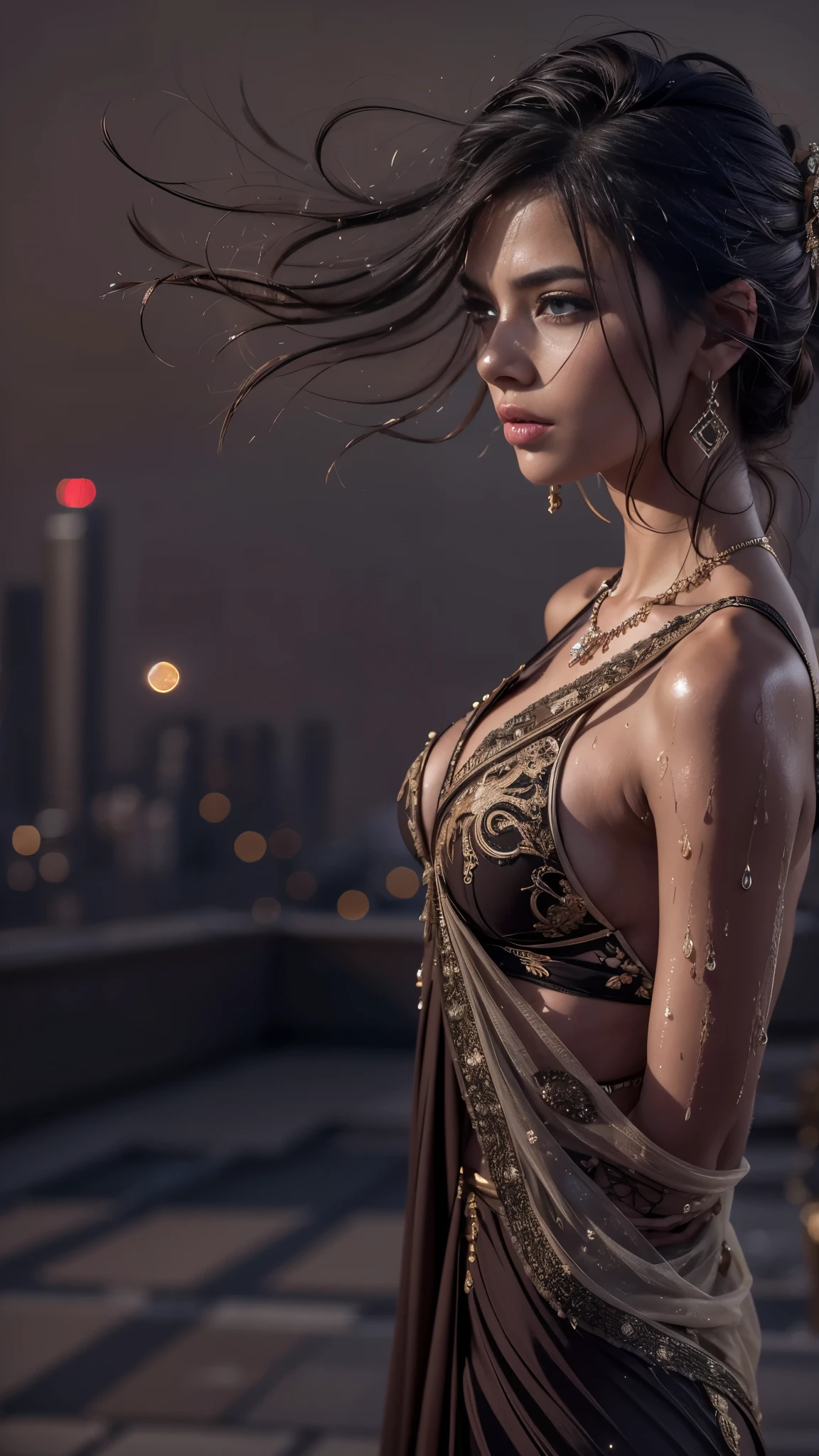 (32k:1.5, Highest quality, masterpiece, Ultra-high resolution), Professional camera work:1.6, Highly detailed skin and face textures:1.3, Fascinating Portraiture, Very accurate, Very detailed, 1 adult female, ((Amazing night view from the rooftop:1.3, The moonlight at night illuminates my body)), (Satin Nightgown:0.5), Incredibly slim body, Fair skin, elegant, Expressions of sadness, (Big eyes that exude beautiful eroticism:0.8, Sad expression:1.0, I love you with all my heart:0.8, Please open your mouth a little, lipstick, Feel the beautiful eroticism:0.8), (Wet dark brown medium length hair), Candles, The chest is medium, Earrings, necklace, bracelet, Sensual sitting position, (romantic, dramatic, mysterious), Object of admiration, Artistic, Innovative, Fascinating, Stimulate, Extreme, clear, Tilt, ((Adult charm, Feminine charm, Hair blowing in the wind))