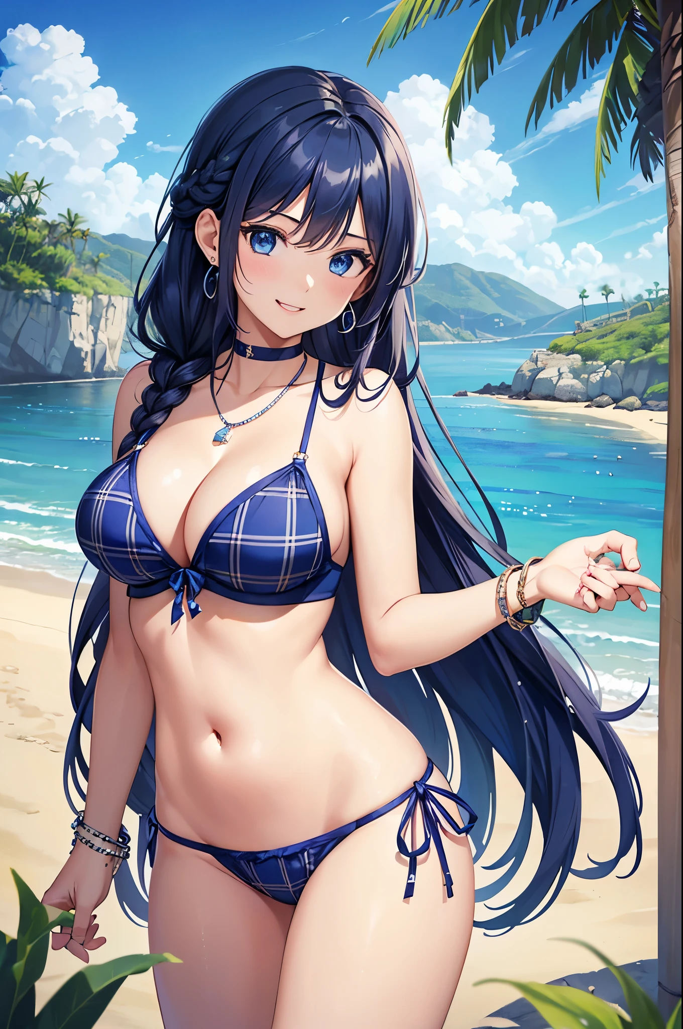 Highest quality、Highest quality、masterpiece、(8K),beauty(Age 25)、Navy blue long hair(Braiding of the sides)、blue eyes、Sexy Bikini(Plaid)、Big cleavage、(Big Breasts)、smile、blue necklace、Blue Earrings、background(Beach)、Please open your mouth wide、bracelet、Arch Pose、Blue choker