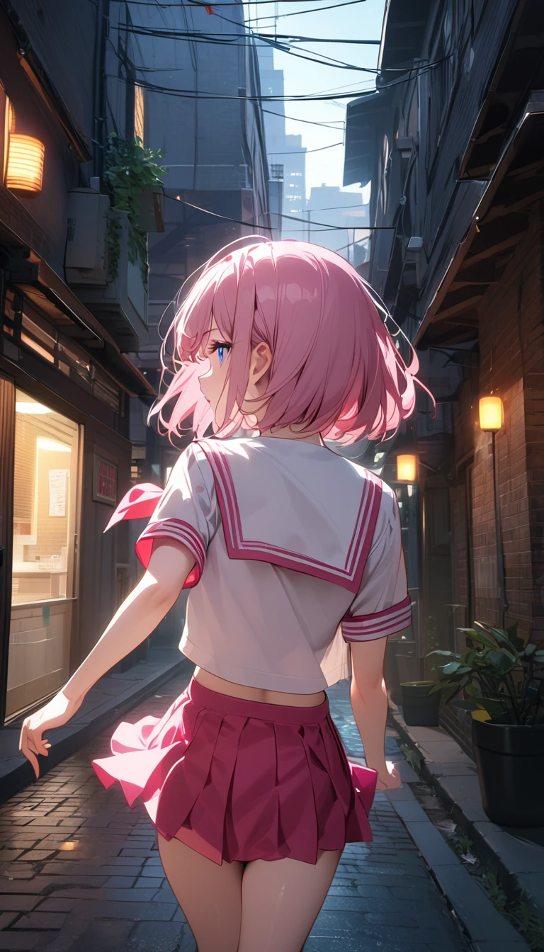 (Fit Body:1.1),(glistening skin:1.1),(pale skin:1.1),(Best Picture Quality, 8K, Masterpiece:1.3),(high school student:1.5), (pink medium hair), (bob cut), (slant skyblue eyes), (city alley Setting), Professional Lighting, Very Detailed Skin And Hair, (running:1.3), (serafuku:1.3), beguiling expression, (super clear:1.5),(looking back:1.3),(back shot:1.3),(reaching out).