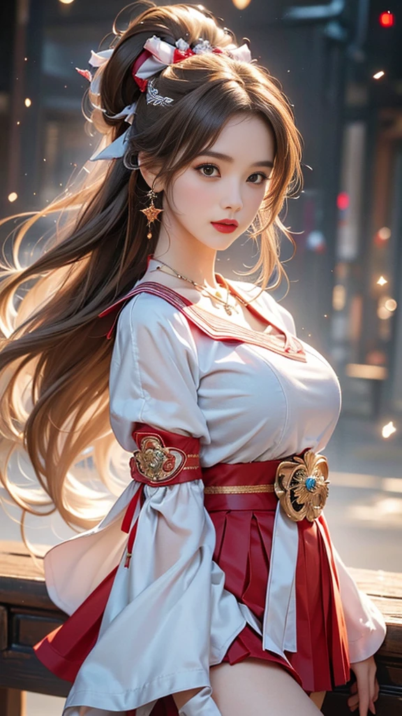 (, high resolution, Ultra Detailed, nffsw), On the table, best quality, SAMA1, Tira, Sailor warrior, White gloves, Red sailor collar, Red Skirt, Star necklace, Elbow groove, Pleated Skirt, Bare legs, Purple bow, Cowboy photoshoot, outdoor, Bokeh (85mm lens), Front camera, Gentle expression, wind blowing hair, fluffy hair, hair ((Brown)), Ponytail, Casual hairstyles, Blonde hair, Mole under left eye, Perfect body, Big breasts, Large Breasts, Top quality wearing hair ribbons, Earrings of top quality,