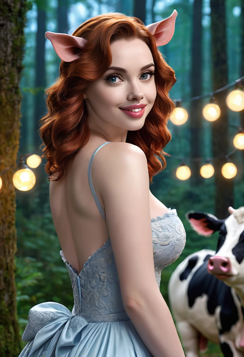 A Sexy mythical Humanoid creature called a firbolg. milk-white skin. Unnatural red hair. Unnaturally thick eye brows.Snout like nose, large cow like ears. A long cow like tail. Feet like a pigs. Weareing hbeautiful handmade dress. Alison Brie, Scarlett Johanson, Dove Cameron. Wide Smile, Eyes Detailed & Wide, sexy Pose. Ultra HD, Rococo-Inspired Fantasy Art With Intricate Details. Cute, Charming Expression, Alluring-Gaze, looking at viewer Beautiful Eyes, An-Ideal-Figure. Large Youthful Well-Shaped-Breasts, Attractive ass showcased. Massive-Round-Bosom, Décolletage. slim waist, fit body, full lipsWarm lights , woman in a dreamy forest at night, with fluffy hair, delicate face, realistic, real, slim, large aperture, sexy shots, attractive poses, symmetrical face, photorealistic, photography, path tracing, specular lighting, volumetric face light, path traced hairmaximum quality{(masutepiece) (8K High Resolution) (top-quality)