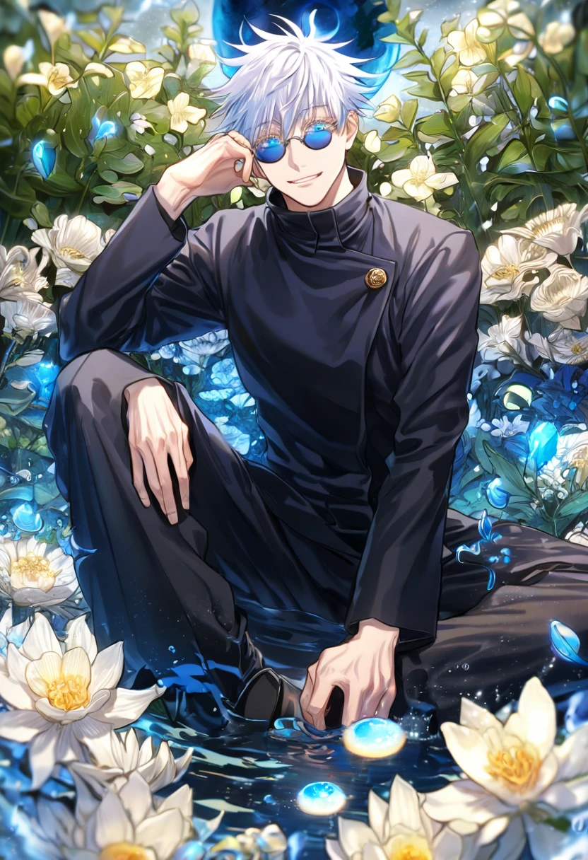 absurdres, highres, ultra detailed, HDR, master piece, Gojou Satoru, white hair with bangs, white eyelashes, expressive blue eyes, hair between the eyes, black shirt, Jujutsu Kaisen, man, handsome, best quality, blue moon, flowers, fantasy, magical, solo, water, blue shining fireflies, blue petals, Jujutsu Kaisen uniform, black round sunglasses, handsome smile, black pants, sitting