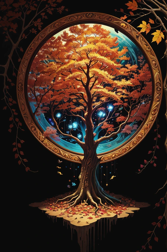 circular tree,four seasons,spring,summer,autumn,winter,leaves,roots,branches,trunk,ornate border,decorative,digital illustration,artwork,movement,time,swirling background,dark background,vibrant colors,natural,life cycle,growth,change,nature,life,peace,harmony,spirituality,symbolism,digital art,illustration,painting,graphic design,art,design,digital media,online art,visual art,fine art,fantasy