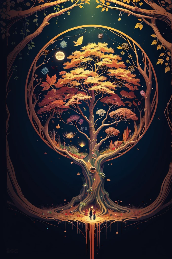 circular tree,four seasons,spring,summer,autumn,winter,leaves,roots,branches,trunk,ornate border,decorative,digital illustration,artwork,movement,time,swirling background,dark background,vibrant colors,natural,life cycle,growth,change,nature,life,peace,harmony,spirituality,symbolism,digital art,illustration,painting,graphic design,art,design,digital media,online art,visual art,fine art,fantasy