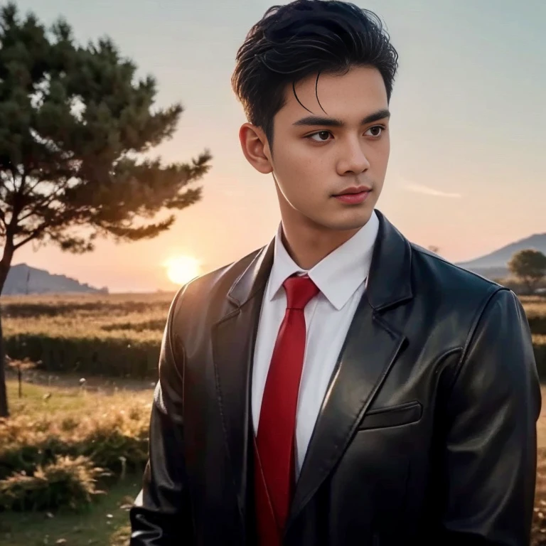 Close-up of a Southeast Asian man with a round face., black eyes, staring at the viewer, morning sun, ((face details)), Double eyelids, realistic, Masterpiece, Highest quality, lens flare, shade, [[Chromatic aberration, digital painting, 8K, 45,000,000,000 pixels,, t-shirt, long hair,black eyes,abdominal muscles, The body is beautiful and strong., Curvy chest, (digital painting, HDR, high contrast