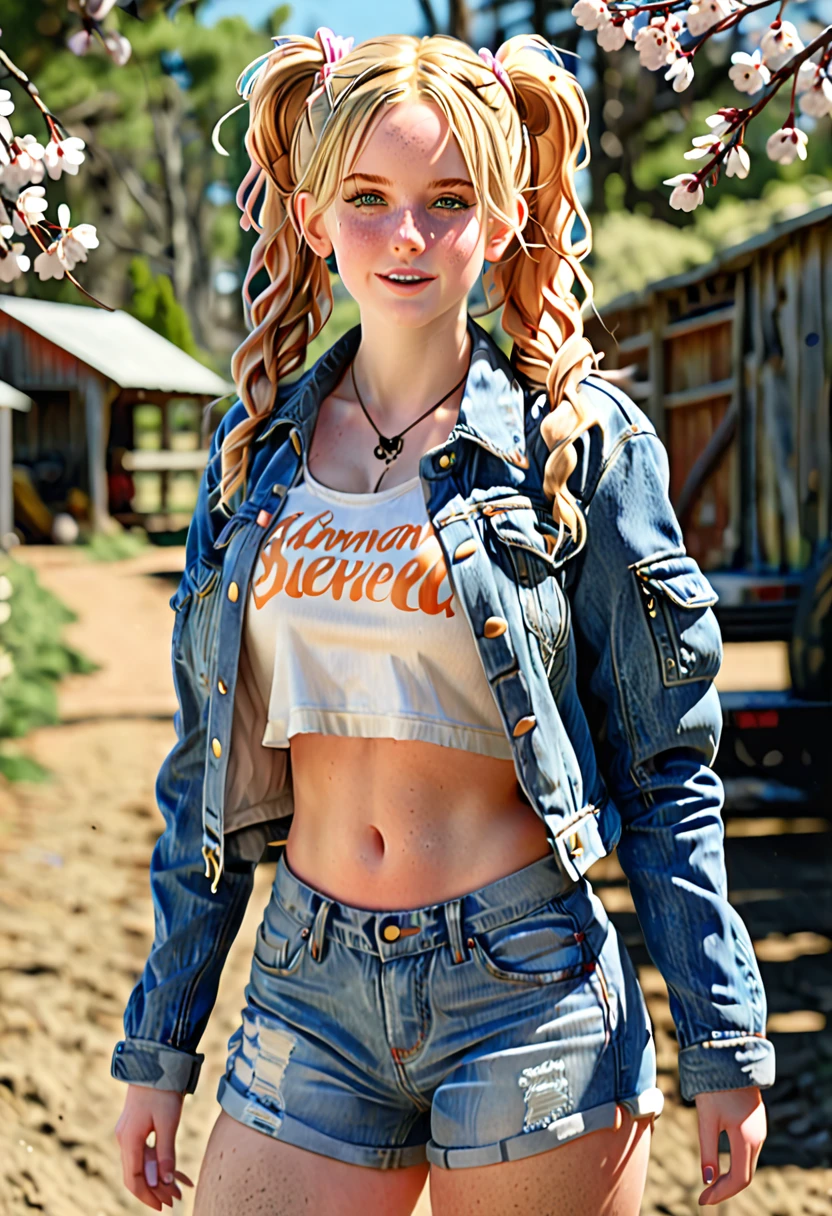 A freckled curvy strong farm tween. She is wearing a jean jack, crop top, and ripped Jean shorts, she is beautiful with low messy blonde twin tails and backwards ball cap and blue scuffed canvas sneakers. She lives on an abundant farm, ripe with harvest. Cute, perfect face, beige eyeshadow, light peach blush, coral lipgloss, athletic form, She is walking towards the camera on a lovely sunny day, pretty, pretty lighting, 8k, octane render, detailed, detailed background, 35mm, realistic, photorealistic, perfect face, cherry blossoms barrettes in hair, freckles, risqué poses, ((American face)), American,  ((captured by monkeys))