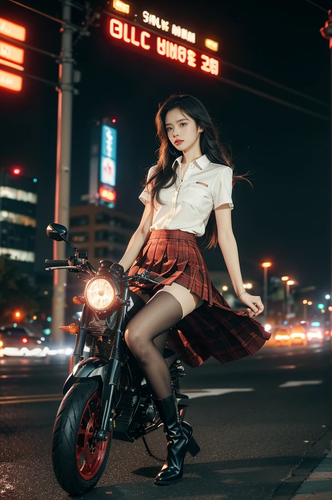 (((best quality))),(((ultra detailed))),(((masterpiece))),illustration,(1 beautiful girl,solo),((slim,thin)),((small breasts,flat chest)),(safety helmet:1.3),shoulder length straight hair,slender legs,cyberpunk, urban street,high school student, JK outfit,(riding on a motorcycle:1.3), sleek, (white collared short-sleeved shirt:1.3), (red checkered pleated skirt:1.3),(pantyhose:1.3), stylish boots, confidence, determination, dark streets, wind, hair blowing, neon lights, skyscrapers, urban noises, traffic, sirens, city sounds, futuristic, dystopian society, technology, fashion, explosive cocktail, style, , modernity, attitude, spirit, anything is possible,from front