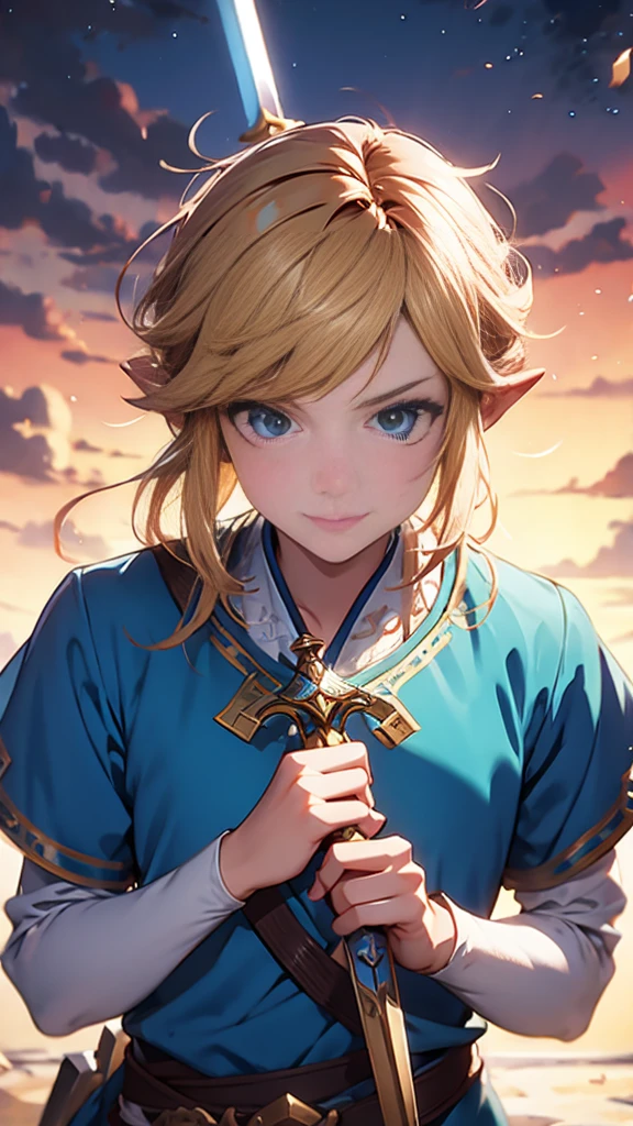 botw、Link、Upper Body、look up、Plainale、Blue Costume、Masterpiece、Highest quality、male、Flowing Hair、smile、Master Sword