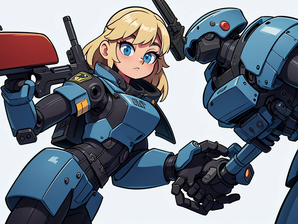 Image of a military-style robot holding a shotgun against a white background