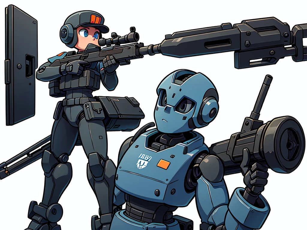 Image of a military-style robot holding a shotgun against a white background