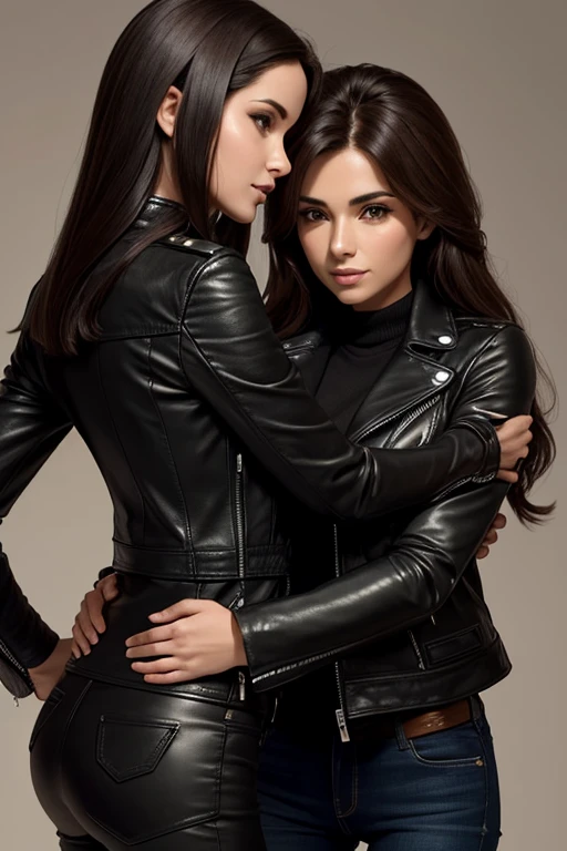 Two women in leather jackets with ideal figures approached, stand hugging,hugs the chest from behind