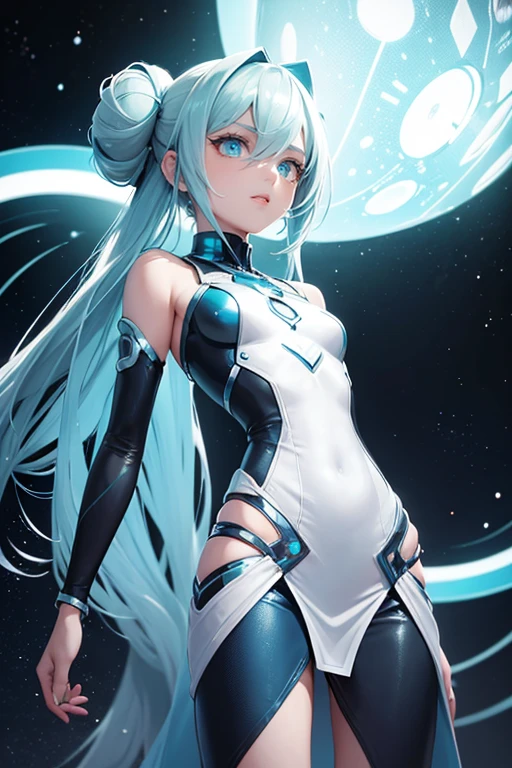 The most beautiful woman with a precisely controlled electronic circuit using a nano system, (alien women, blue skin, thrid eye in kiddle of fore head, long white hair buns), face and body that are as precisely produced as human women and backed by science, and a well-proportioned, high-dimensional, detailed appearance. A clone is lost on a sand planet and is looking for a place to go, from the viewer's perspective