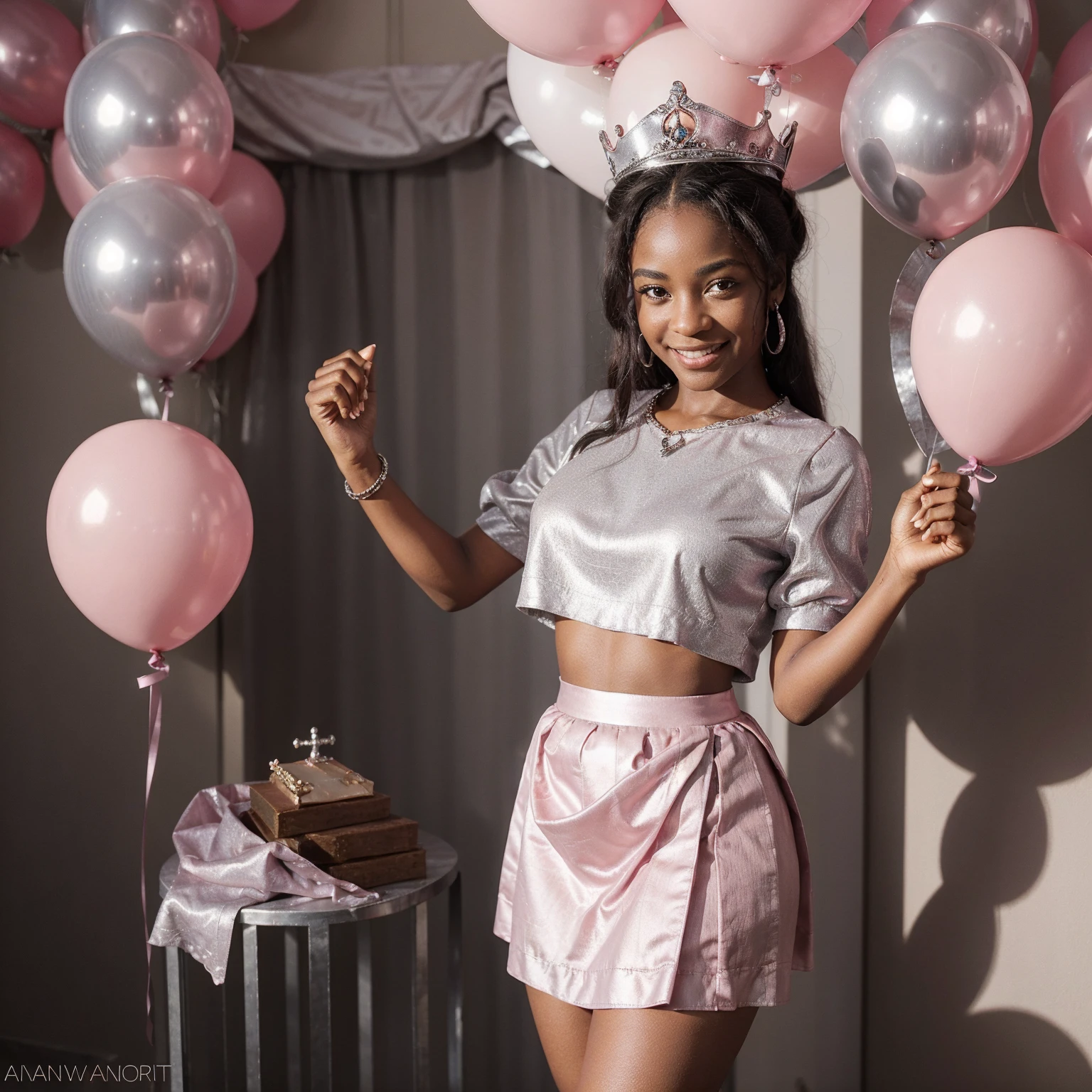 (Best Quality), (Masterpiece), (detailed), Beautiful black woman, 15 years, happy, celebrating, pink balloons, and silver, small thin crown on the head, pink veiled skirt and short pink blouse, small breasts, big legs, with accessories in hand made of silver material, 4k, smiling stare at the camera.