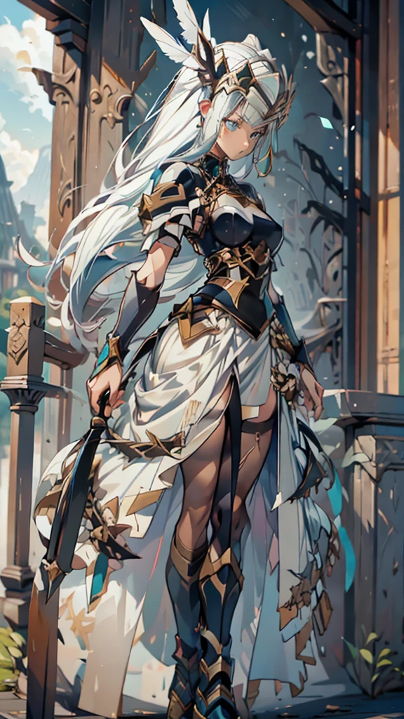 Masterpiece, Highest quality)), Detailed face, character design sheet， full bodyesbian, Full of details, frontal body view, back body view, Anime, 1 winged black-skinned girl, Ebony skinned, mega ponytail hairstyle, pure white hair, Sea BLUE eyes, busty, valkyrie's winged helmet, white valkyrie's armor, pit black Long large skirt, white gauntlets, white Boots, Ebony skin, serious face, large wings, action pose, extremely Large wings