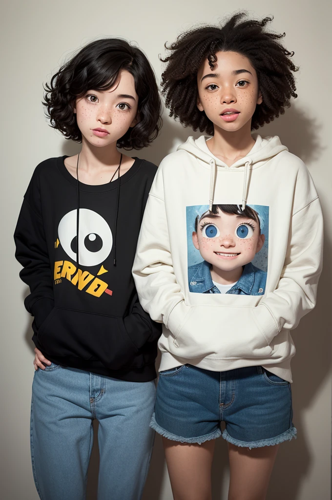I want a photo of a pixar couple. One with short straight black hair, with freckles, on white skin. and a boy with curly hair,freckles and sweatshirt, on white skin, with small eyes and a thin mouth