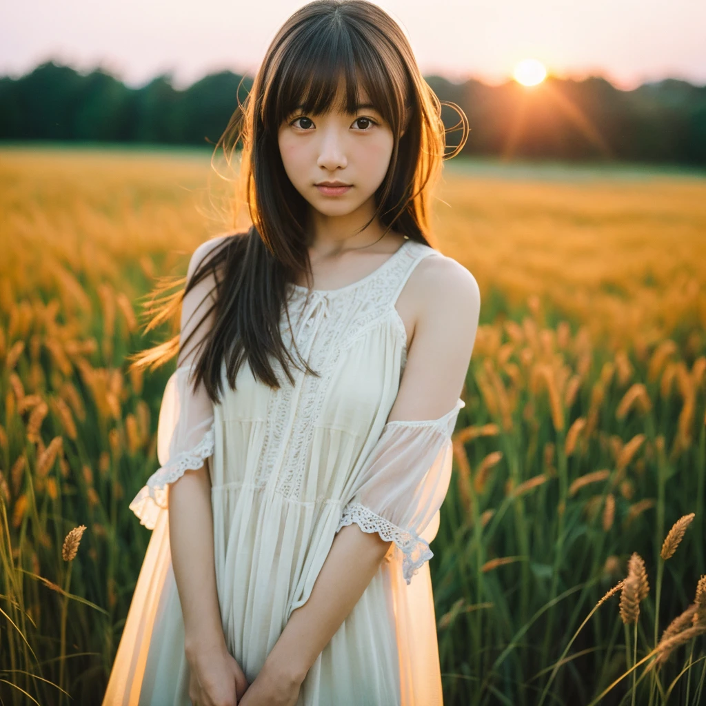 Japanese beautiful girl, Embarrassed look, figure, (Highest quality, Super detailed), front、Gentle lighting, Flowing Hair,one piece、 Delicate features, Dreamy atmosphere、Analog Film Photography、20-year-old、80'、サイバーパンクWindローファイアニメーション、Wind, sunset, Wheat field,