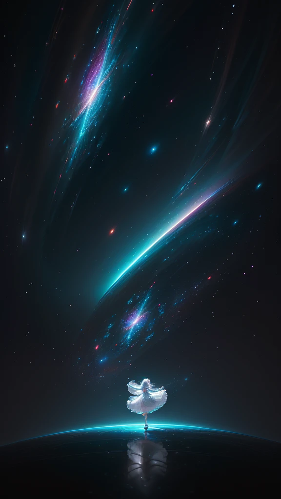In this breathtaking 4K resolution masterpiece, A dreamlike white-haired girl is seen dancing gracefully in a vast space.. Her flowing dress makes her look comfortable all around.々and floating, highlighting her graceful movements. This scene was shot with professional precision., Showcasing an extreme level of detail in every aspect of this work of art. Fractal art background creates a mesmerizing and hypnotic atmosphere, Vivid and colorful space patterns. Celestial glow illuminates the serene atmosphere, Creates a fascinating and otherworldly atmosphere. The seamless motion and high resolution of this image、It transports the viewer to a realm of pure beauty and aesthetic pleasure.。. With fine texture, Fantastic lighting, Fascinating composition, This piece is truly a work of art..