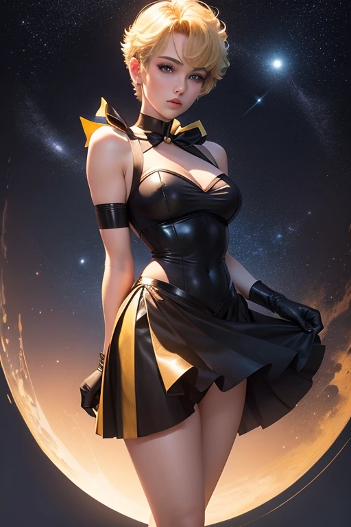 Sailor Uranus, short blonde hair, black full leotard, big yellow bow between cleavage area, black skirt, black long gloves navy blue trim at elbows end, navy blue short high heels, planet uranus in background, star background, standing, full picture