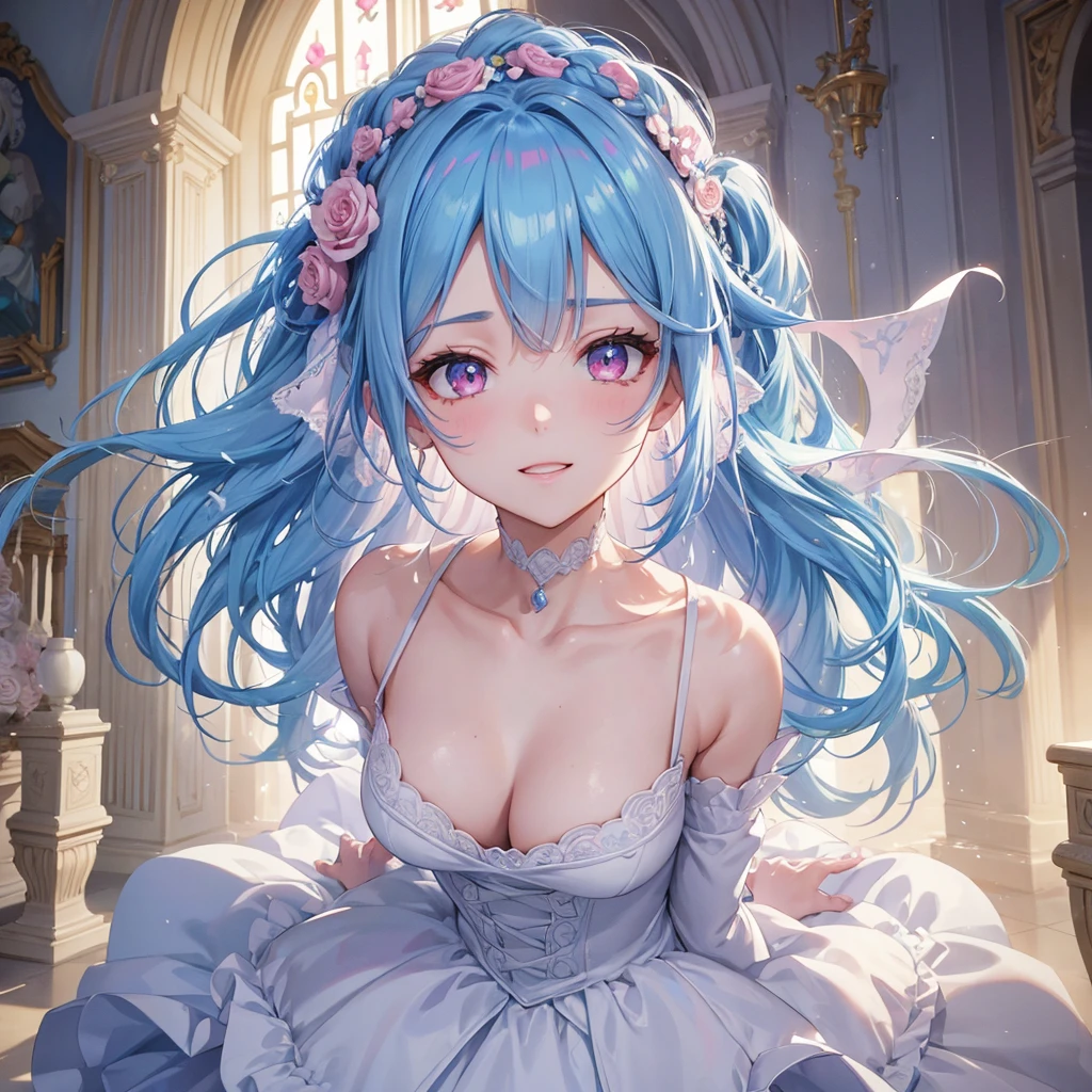 Sky blue hair, (Braided Ponytail),(Pink Eyes),Fair skin ,(whole body),(One girl),bride,A big smile,Straight bangs, 6月のbride,Wedding dress,(masterpiece, Highest quality, Very detailed, Best Shadow), (Detailed Background), (Beautifully detailed face), High Contrast, (Best lighting, Very delicate and beautiful), ((Cinematic Light)), colorful, Hyper Detail, Dramatic Light, Intricate details,Chapel background,Bouquet of roses