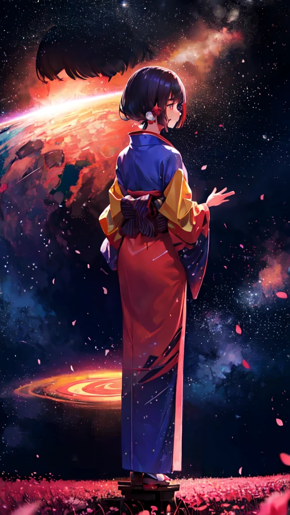 One girl, distant girl wearing a kimono staring at the performer, (Zoom out:1.1), (Meteors:1.2), (comet:1.1), yourname, Low - Angle, From behind, Aloura Borealis, shooting star, yukata, Red kimono, cherry blossoms, Standing in the field,Highest quality, masterpiece, cloud,colorful, Starry sky,performer,
