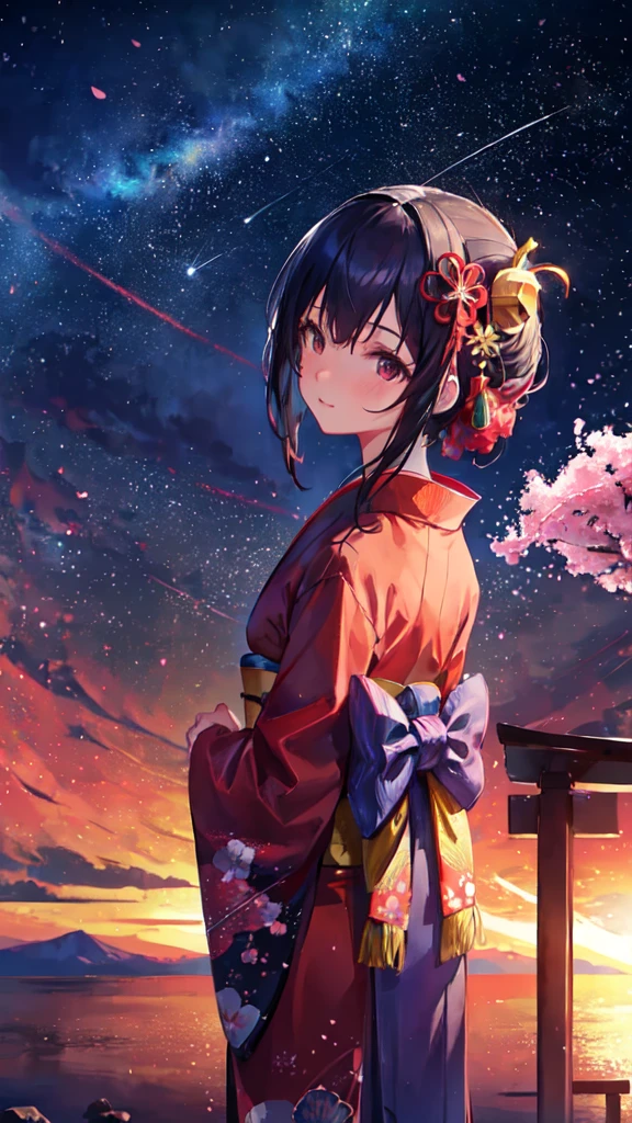 One girl, distant girl wearing a kimono staring at the performer, (Zoom out:1.1), (Meteors:1.2), (comet:1.1), yourname, Low - Angle, From behind, Aloura Borealis, shooting star, yukata, Red kimono, cherry blossoms, Standing in the field,Highest quality, masterpiece,  cloud,colorful, Starry sky,performer,