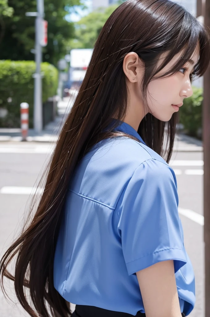 Japanese women、Long Hair、Back view、Highest quality、Blue blouse