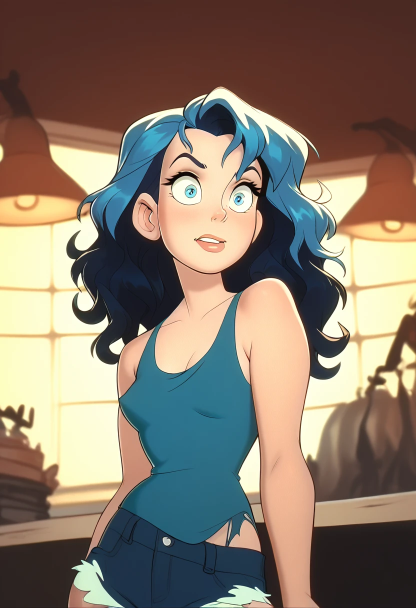 a curvy blue-eyed girl with long wavy black hair, small breasts, nudity, torn tanktop, tits out, mischievous