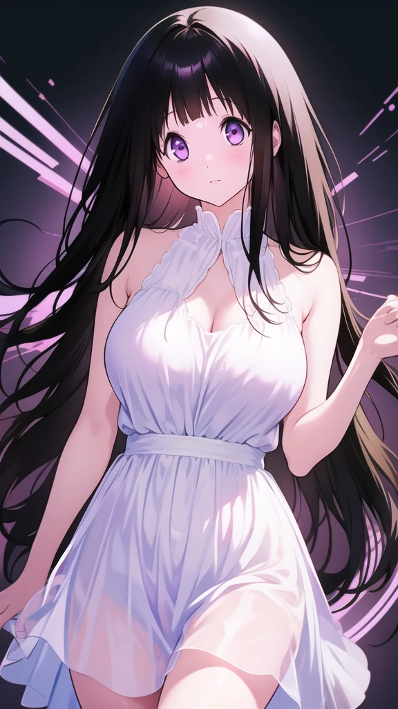 Chitanda,White transparent dress,Large Breasts,Purple Eyes,Black natural straight hair