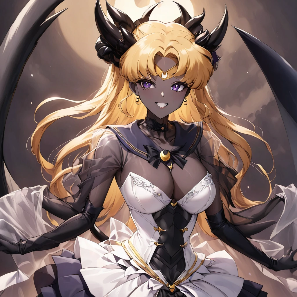 ((Highest quality)), ((masterpiece)), (detailed), (Perfect Face)、The woman is the bride of the Demon King, the Dark Queen of the Black Moon Clan, the Demon Queen Devil Sailor Moon, and the woman is a sexy female demon with jet black skin, Devil Sailor Moon.、The woman is a jet-black female demon with magnificent devil horns, jet-black devil wings, and a jet-black tail, her skin is jet-black, and she has a black inverted crescent moon mark on her forehead, and her gorgeous black skin is visible through her black see-through ta Gothic Victorian wedding dress, a black wedding veil, and a black see-through cape. She is a devil bride, a jet-black demon named Devil Sailor Moon, and has blonde hair, looking at the camera with a happy expression.2The expression of a girl in love with her long hair tied up、Woman is Devil Sailor Moon