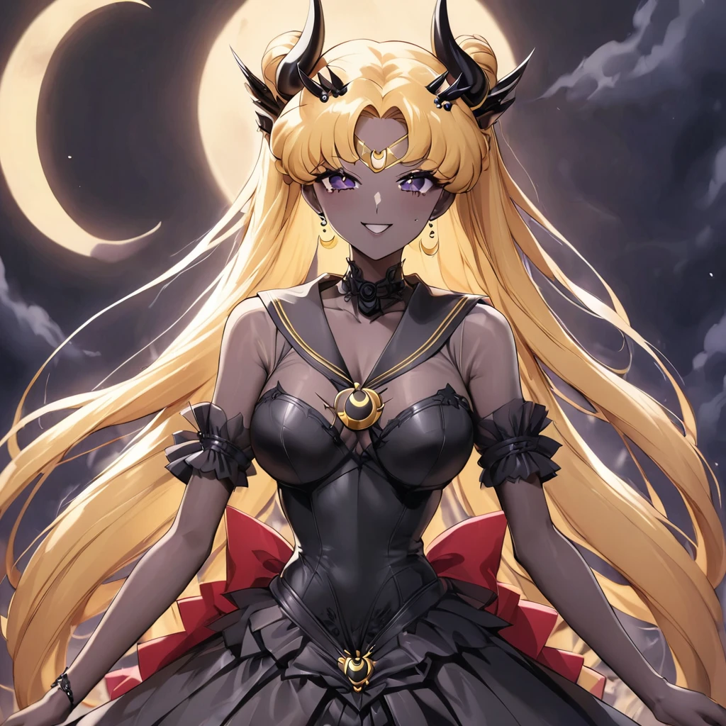 ((Highest quality)), ((masterpiece)), (detailed), （Perfect Face）、The woman is the bride of the Demon King, the Dark Queen of the Black Moon Clan, the Demon Queen Devil Sailor Moon, and the woman is a sexy female demon with jet black skin, Devil Sailor Moon.、The woman is a jet-black female demon with magnificent devil horns, jet-black devil wings, and a jet-black tail, her skin is jet-black, and she has a black inverted crescent moon mark on her forehead, and her gorgeous black skin is visible through her black see-through Lolita Gothic Victorian wedding dress, a black wedding veil, and a black see-through cape. She is a devil bride, a jet-black demon named Devil Sailor Moon, and has blonde hair, looking at the camera with a happy expression.２The expression of a girl in love with her long hair tied up、Woman is Devil Sailor Moon