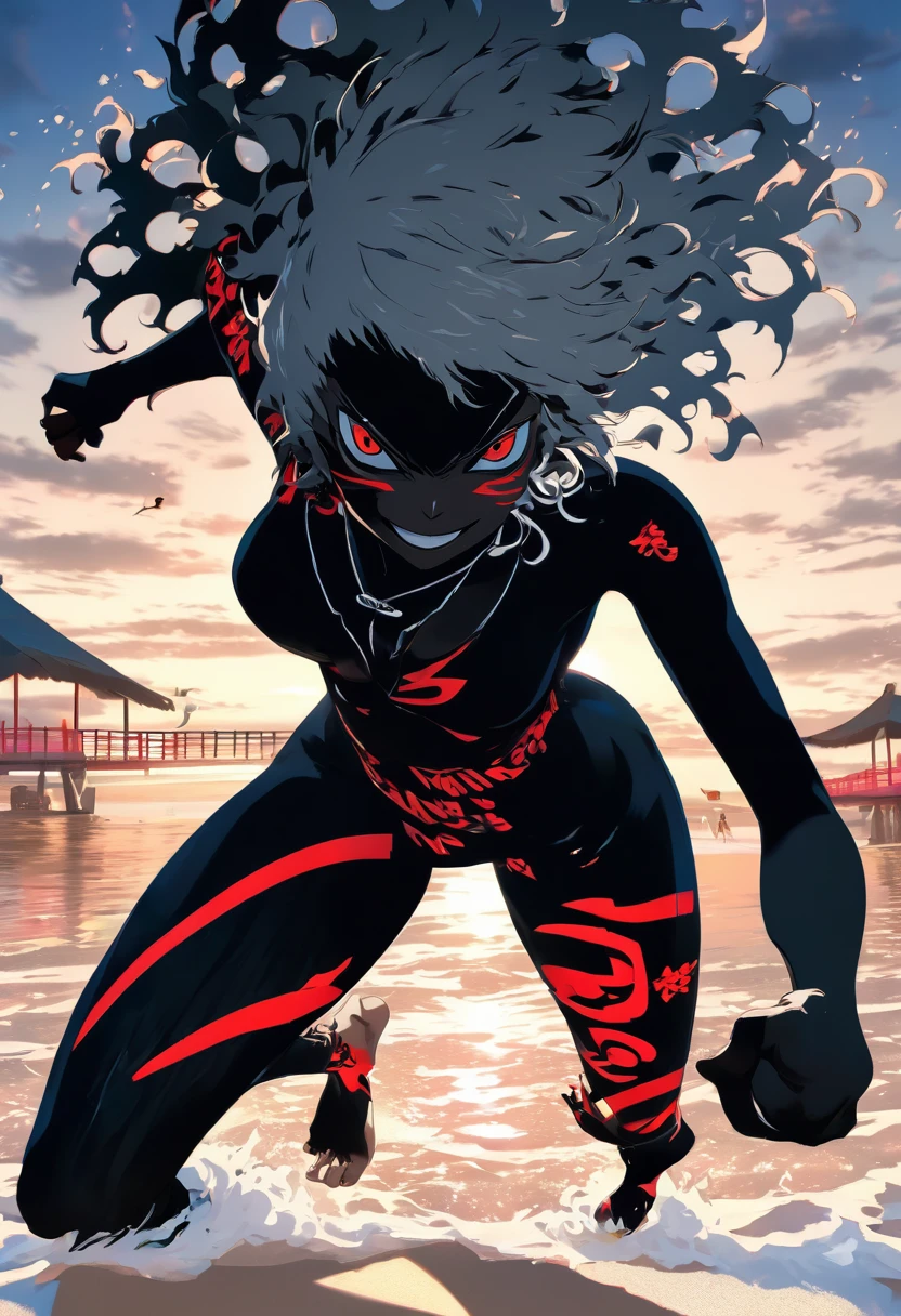 Full body image, african woman nude, Detailed pussy, Standing pose, face Contempt, evil smile, white hair short, sweating, body a little fat, Hyper realistic night beach background, persona 5 niji style, Japanese writing on the edges with Shangri-La written on at the edges, Angle from bottom to top