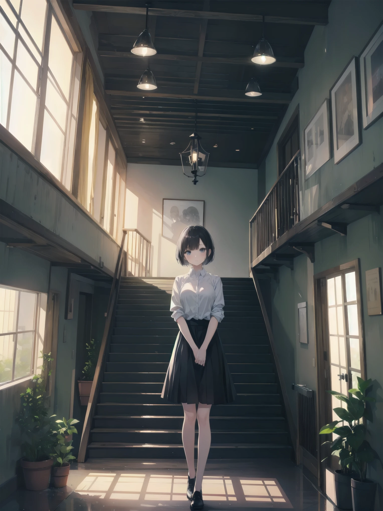 masterpiece, best quality, ultra-detailed, illustration, 1girl, , black hair, skirt , short hair, white shirt, kaidan, stairs, scenery, window,
