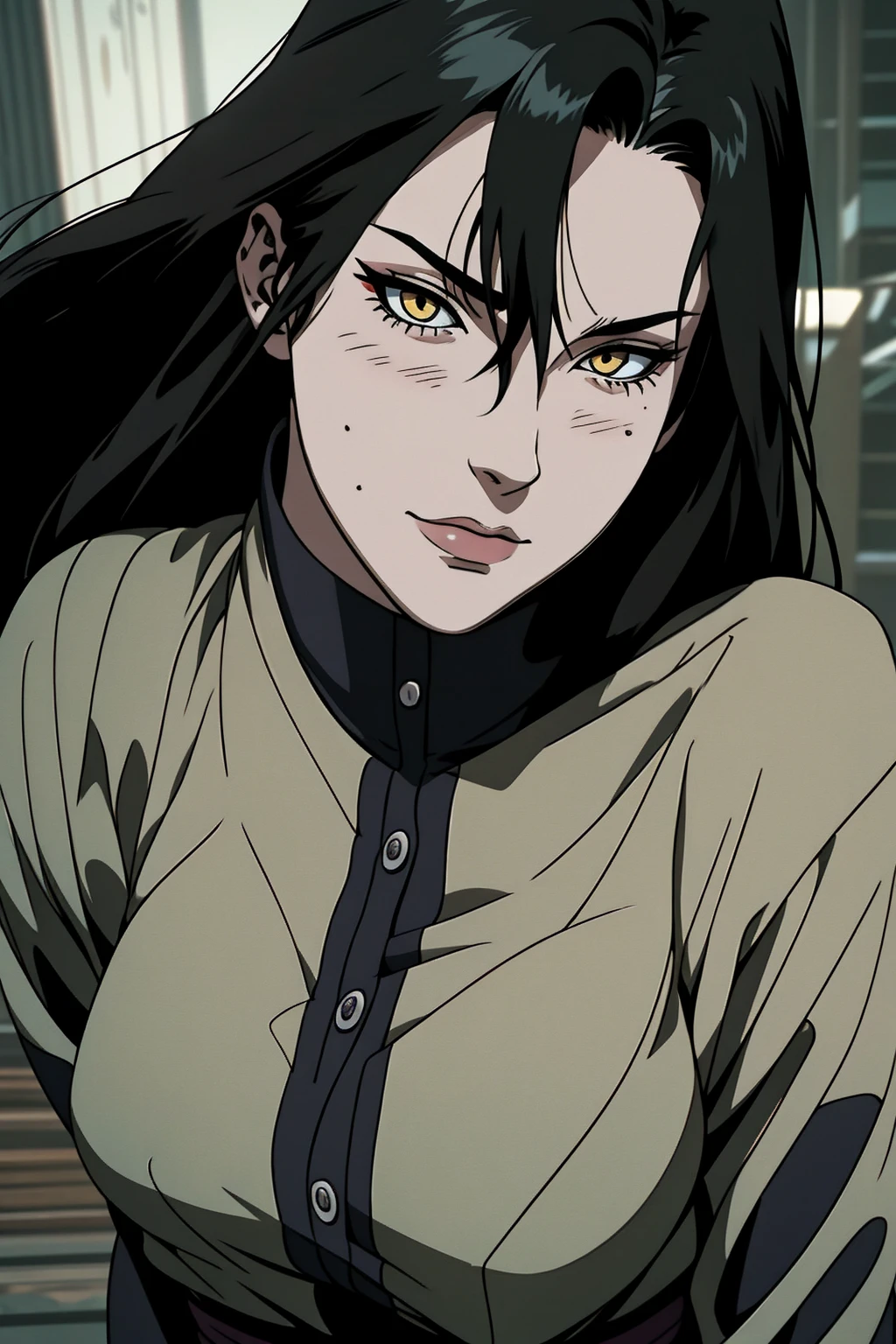 {-erro_de_anatomia:1.0} estilo anime, Masterpiece, absurdities, Orochimaru\(Naruto\), 1girl Solo, woman, Oversized shirt with broad shoulders, Perfect composition, Detailed lips, large breasttiful face, body proportion, Blush, Long black hair, ( black hair), yellow eyes, (sexy), Soft ge, Super realistic, Detailed, photo shoot, Realistic faces and bodies, masterpiece, best quality, best illustration, hyper detailed, 1 girl, solo, glamorous, blushing, upper body, fighting, on nature, dimanic poses