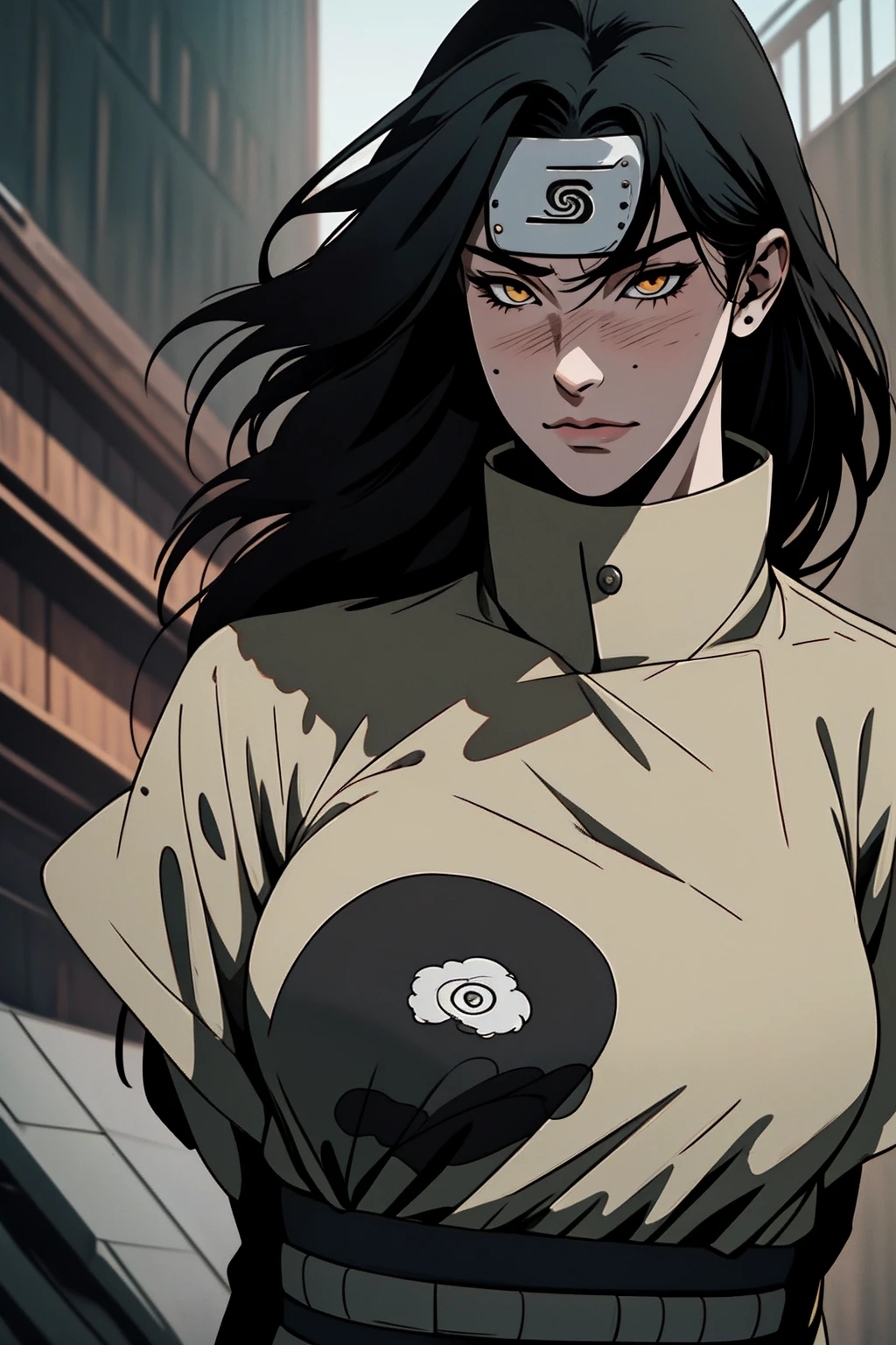 {-erro_de_anatomia:1.0} estilo anime, Masterpiece, absurdities, Orochimaru\(Naruto\), 1girl Solo, Mature woman, Oversized shirt with broad shoulders, Perfect composition, Detailed lips, large breasts, Beautiful face, body proportion, Blush, Long black hair, ( black hair), yellow eyes, (sexy), Soft gauze, Super realistic, Detailed, photo shoot, Realistic faces and bodies, masterpiece, best quality, best illustration, hyper detailed, 1 girl, solo, glamorous, blushing, upper body, fighting, on nature, dimanic poses