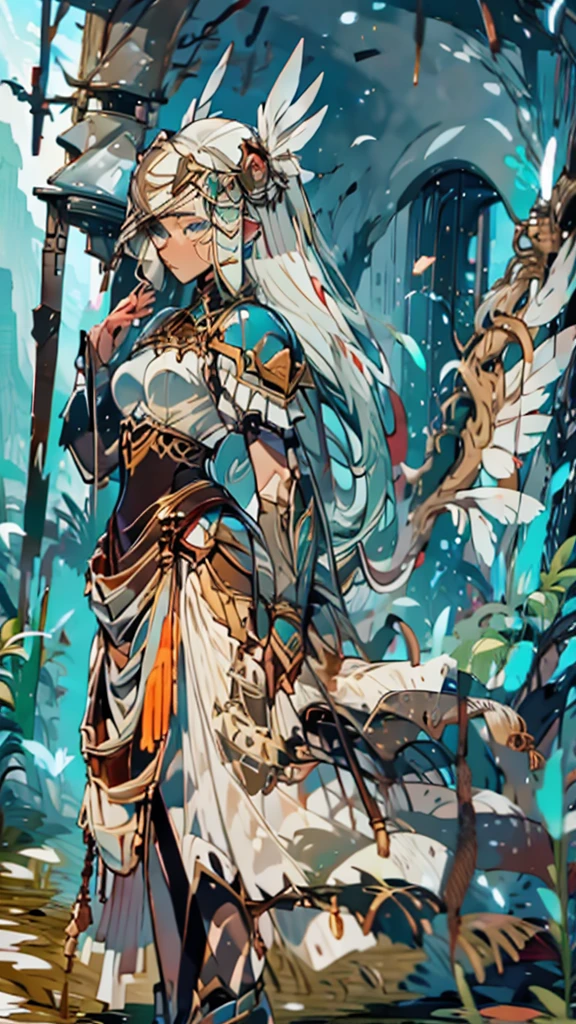 Masterpiece, Highest quality)), Detailed face, character design sheet， full bodyesbian, Full of details, frontal body view, back body view, Anime, 1 winged black-skinned girl, Ebony skinned, mega ponytail hairstyle, pure white hair, Sea BLUE eyes, busty, valkyrie's winged helmet, white valkyrie's armor, pit black Long large skirt, white gauntlets, white Boots, Ebony skin, serious face, large wings, action pose, extremely Large wings