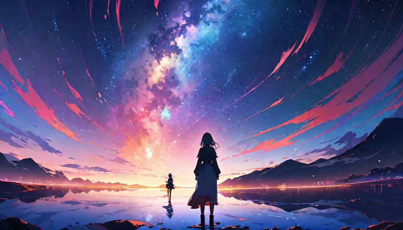 Official Art, Integrated 8K wallpapers, Very detailed,  masterpiece, Best image quality，Ultra Wide Angle，night，woman，Standing by the salt lake，Water is like a mirror，Reflecting the sky,Looking up at the sky，The Milky Way is in the sky，Dynamic Angle, Grace, Bright colors