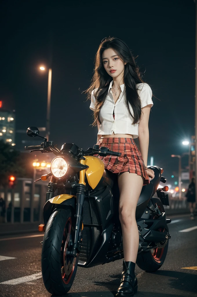 (((best quality))),(((ultra detailed))),(((masterpiece))),illustration,(1 beautiful girl,solo),((slim,thin)),((small breasts,flat chest)),(safety helmet:1.3),shoulder length straight hair,slender legs,cyberpunk, urban street,high school student, JK outfit,(riding on a motorcycle:1.3), sleek, (white collared short-sleeved shirt:1.3), (red checkered pleated skirt:1.3),(pantyhose:1.3), stylish boots, confidence, determination, dark streets, wind, hair blowing, neon lights, skyscrapers, urban noises, traffic, sirens, city sounds, futuristic, dystopian society, technology, fashion, explosive cocktail, style, , modernity, attitude, spirit, anything is possible,from front