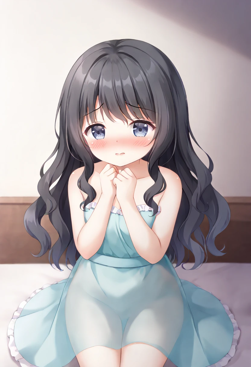 Cute beautiful girl、Embarrassed、naked、Lady、A sweet and adorable blush、Beautiful Lips、Beautiful Eyes、Wavy Hair、Black Hair