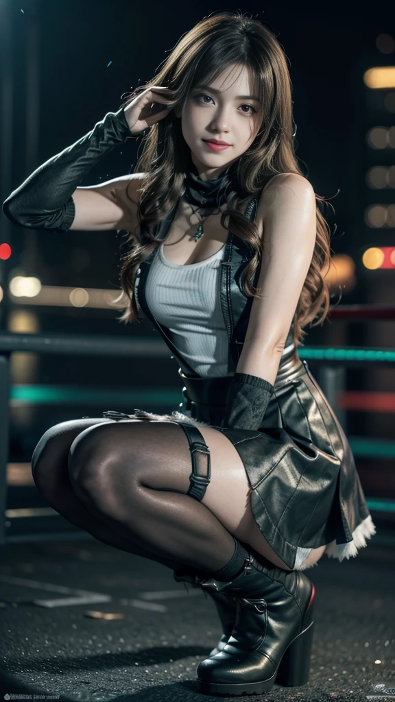 (8K, best quality, masterpiece: 1.2), (Practical, Reality: 1.37), Super Detail, A girl, Lovely, Solitary, (Tifa Lockhart), (Small Breasts), (漂亮的Eye), (Smile: 1.2), (closure), posture, dance, neon, city View, Depth of Field, Dark intense shadows, Clear focus, car, Motion Blur, 摩托car, Depth of Field, work, Glowing green, Final Fantasy VII, date, (nose brush), single Elbow pads, Ankle boots, Black Hair, Black skirt, black thighs, Red boots, Elbow gloves, Elbow pads, Fingerless gloves, Tight shirt, Good exercise, (suspender Black skirt), thigh, White vest, whole body, Headrest, Lips, Pretty Face, Low-tied long hair, (Red_Eye)), Flowers, (night: 1.3), complicated, Bokeh, light, Photon Mapping, Radiosity, Physically Based Rendering, (Tetsuya Nomura style)
