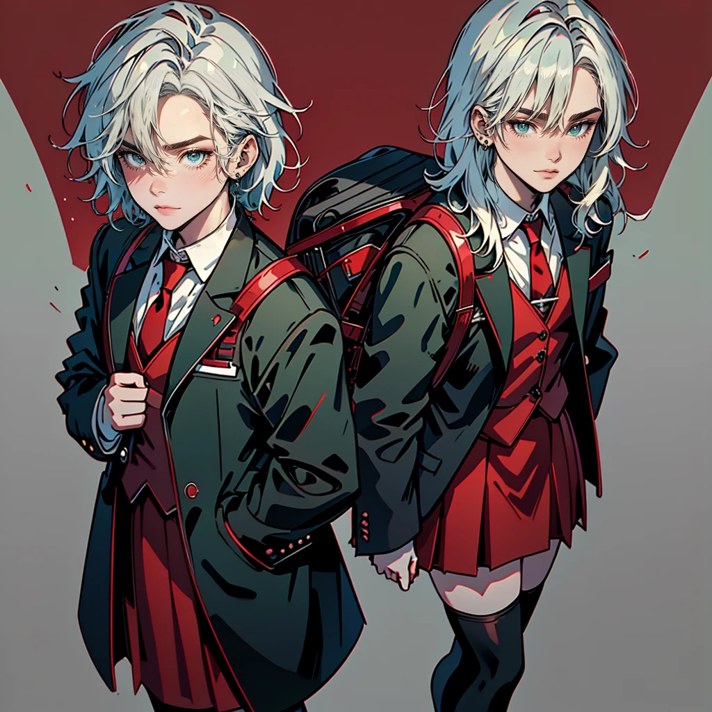 17 year old age girl with serious expression short wavy white hair bright blue eyes wearing a gray blazer red tie green skirt long black stockings white shoes carrying a brown backpack red tie background green skirt long black stockings white shoes carrying a backpack being in a park