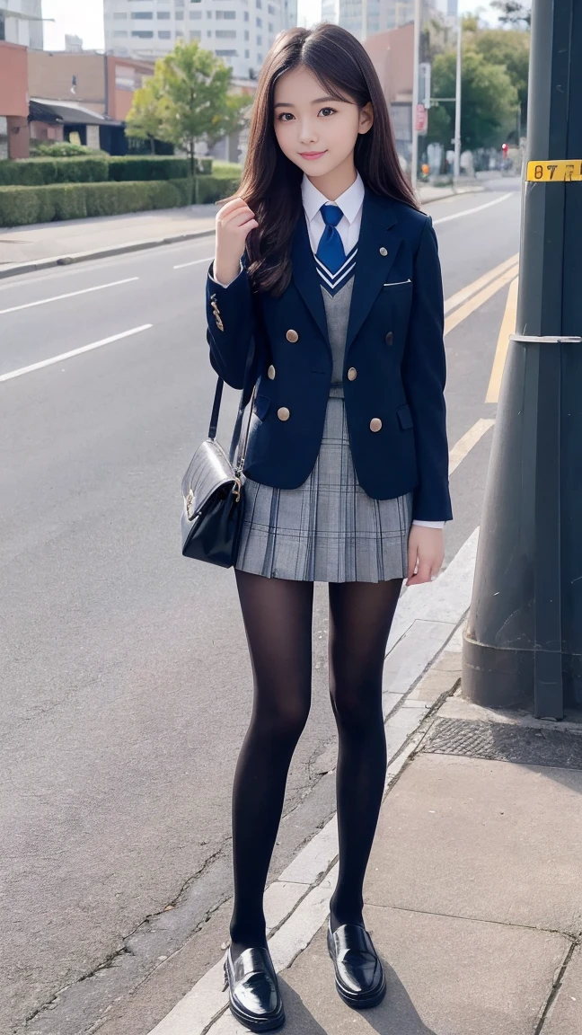 (masterpiece、8k、muste piece、RAW photo:1.4)、High resolution、((far away from the person))、((Full body photo from face to toes))、big eyes and small face、Height: 155cm、Japanese beautiful girl、Smile of a smiling beautiful girl、facing the front、Stand with your feet together, slender、stand up with good posture、Residential area in the morning、realistic、15-year-old junior high school girl、bus stop, slender and delicate body、small breasts、Blue Blazer Uniform、girls 、plaid skirt、healthy young teenage woman、black tights, Knee High Socks, brown loafers leather shoes、Wear loafers、put your feet on the ground、full body shot、full body shot、Neat hairstyle details、Emphasizes the very slender leg line