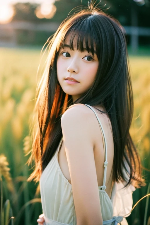  Japanese beautiful girl, Embarrassed look, figure, (Highest quality, Super detailed), front、Gentle lighting, Flowing Hair,one piece、 Delicate features, Dreamy atmosphere、Analog Film Photography、20-year-old、80'、サイバーパンクWindローファイアニメーション、Wind, sunset, Wheat field,