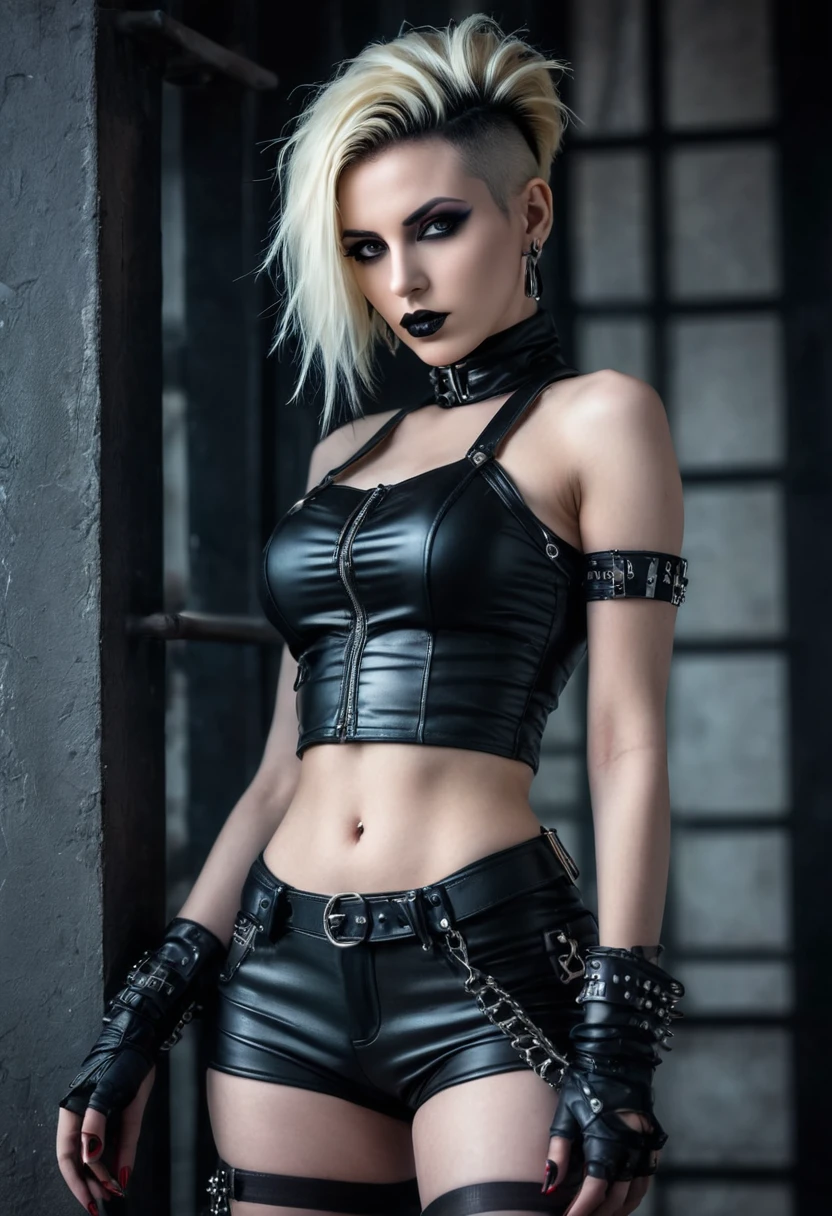 close-up photo of a woman in black open femdom clothes, full body shot, edgy and bold hairstyle, blond hair, crop top, hotpants, Metal jewelry, Dynamic posture, handsome body, slim figure, small breasts, seductive cyberpunk dark fantasy, Sensual, Gloomy style, dark fantasy mixed with realism, goth girl, dominatrix in play, femdom in play, mistress, seductive, very beautiful goth top model, gothic horror vibes, The Queen of Dark Gothic, Gothic atmosphere, goth woman, Awesome and gloomy, ornamental gothic - cyberpunk, Gothic - Cyberpunk,