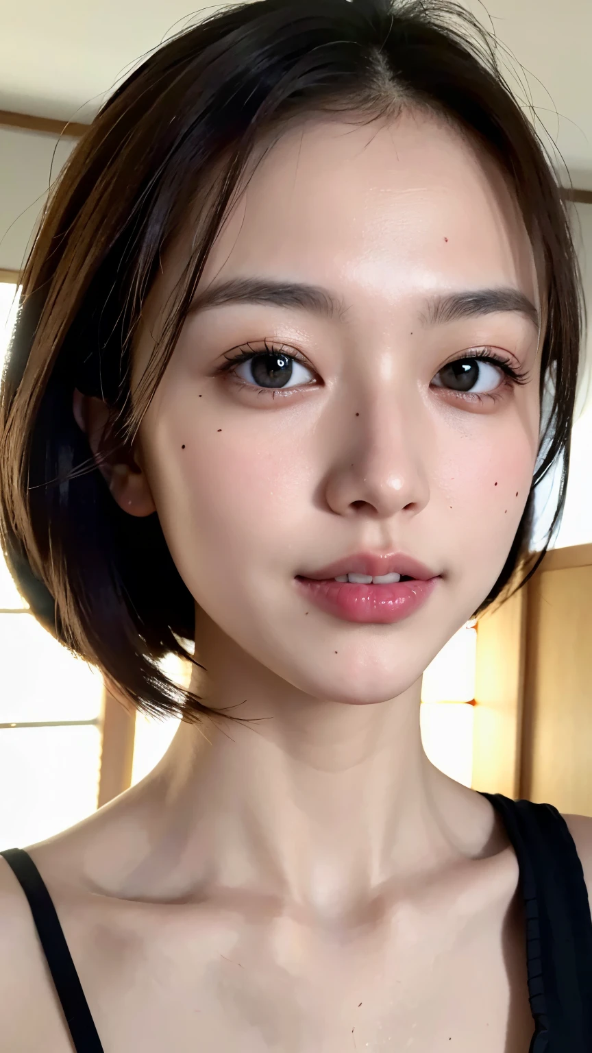 Japanese female one person. Fits your face. Age 25, Sharp jaw, RAW Photos, masterpiece, Highly detailed photos, Digital SLR, Photorealistic 3.9, Ultra-high resolution, Highest quality, Pink Lips, No makeup, big, Bright green eyes、Close-up of face、(Bobcut、Forehead Baring)、Photographed by a professional photographer、Portrait、smile、Mole under the eye、Blushing、Glowing Skin、Natural Favour