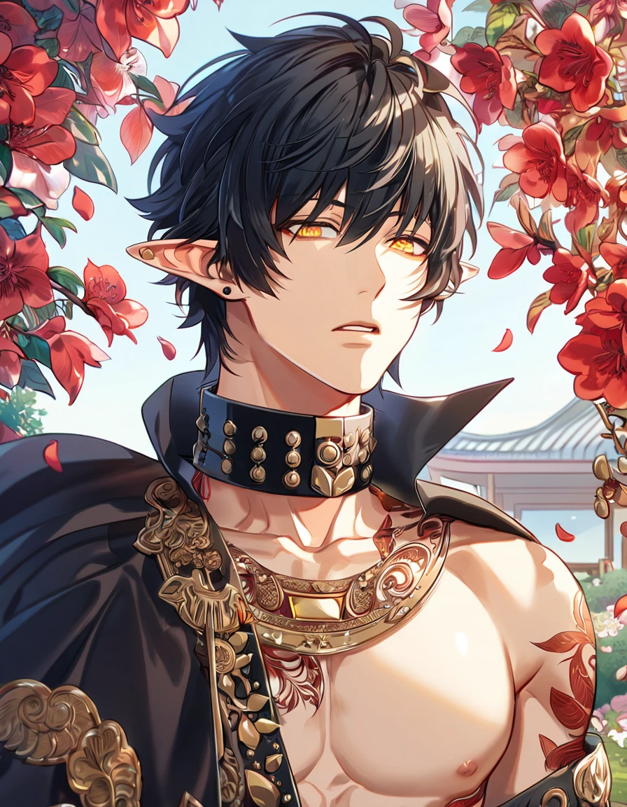 absurdres, highres, ultra detailed, HDR, masterpiece, Ren, black hair, without bangs, expressive golden eyes, Dramatical Murder, solo, sexy man, handsome, bare chest, black cape, pointed ears, black collar with studs, designed decoration such as red leaves, birds and blossoms, petals, garden