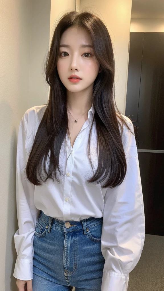 (Genuine, High resolution:1.3), One girl with perfect body, Very beautiful face and eyes,Long Hair, shirt:1.2, Skinny jeans