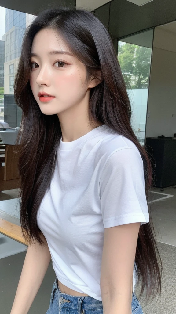 （Genuine， High resolution：1.3）， One girl with perfect body， Very beautiful face and eyes，Long Hair， shirt：1.2， Skinny jeans