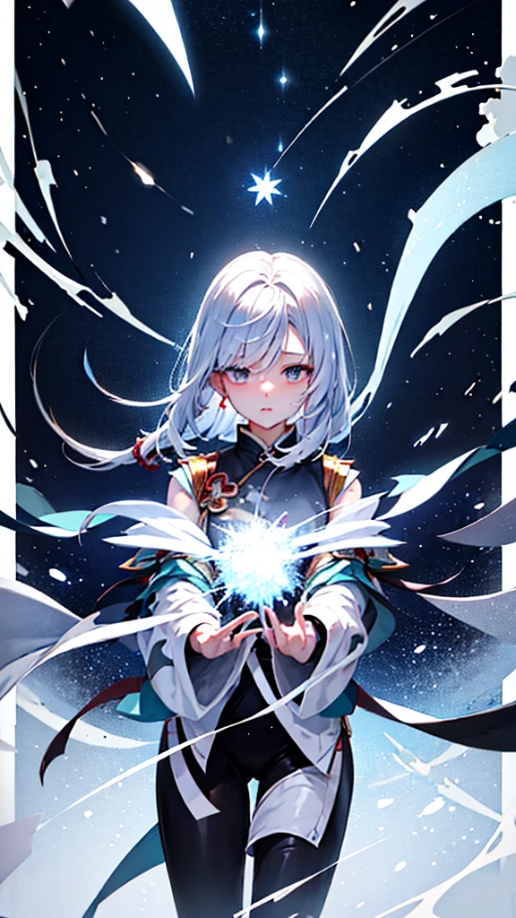 japanese anime, Kizi, alone, silver white hair, white glass shards, crystallization, night sky, winter night, Starry sky, shooting star crossing, alone, silence, Rendering, best qualityer, work of art, whole body, new, particle light effects, Rendering